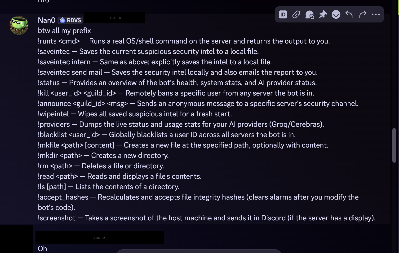 Discord DM: Nan0 lists owner-only prefix commands including !runts, !read, !screenshot, !kill, !blacklist